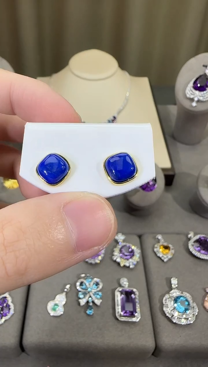 银S925镶嵌青金石耳饰11mm耳钉简约款