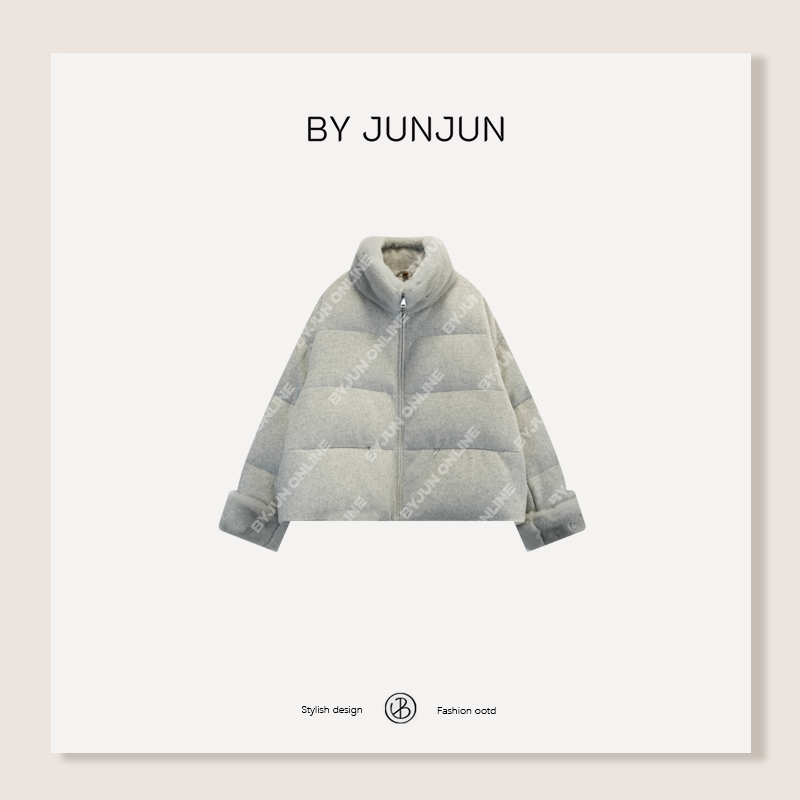 BYJUNJUN高定黑标系列冰岛山羊绒桑蚕丝绵羊毛混纺料水貂领鹅绒服