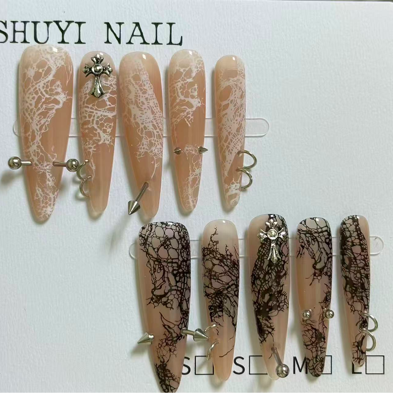 【较劲】SHUYI裸色黑白蕾丝金属穿孔辣妹亚文化AB鸳鸯手工穿戴甲