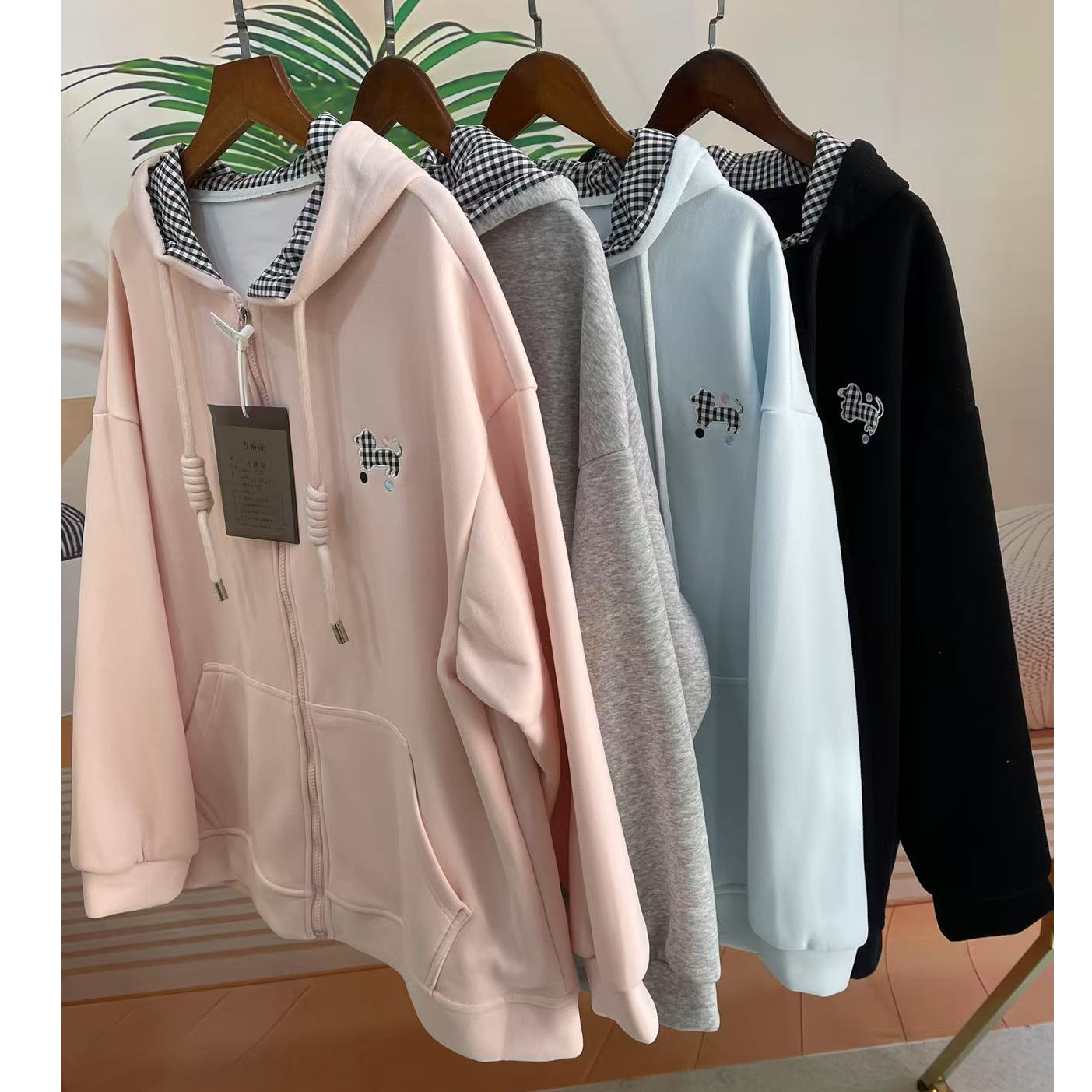女生卫衣外套连帽休闲长袖格子拼接卫衣开衫春秋外套时尚