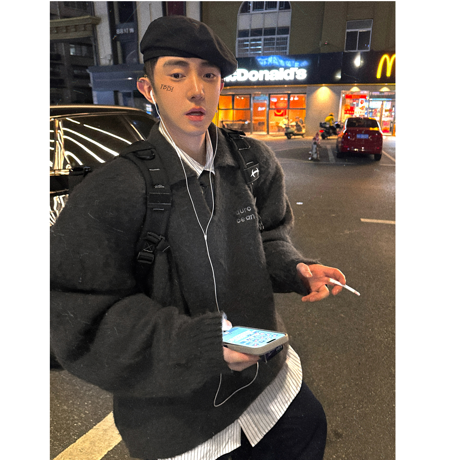 Aurocean 深灰色长毛马海翻领毛衣 羊毛混纺宽松保暖针织衫