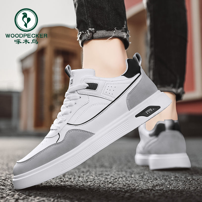 啄木鸟工作男鞋春季新款防水皮面青少年板鞋男百搭休闲运动鞋春季