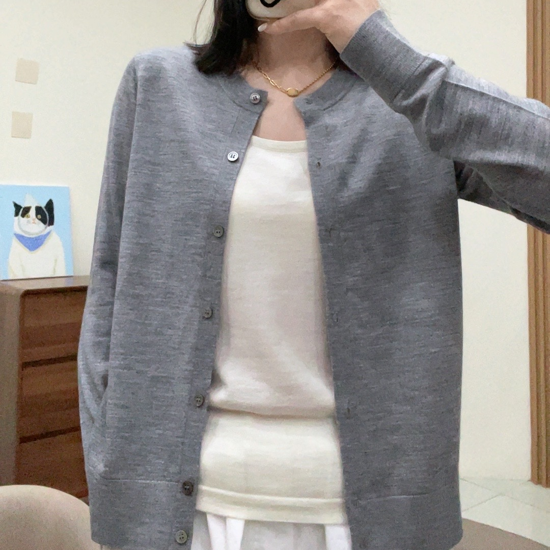 【扬子纱】精纺100%细羊毛衫女圆领针织开衫宽松百搭长袖外套上衣