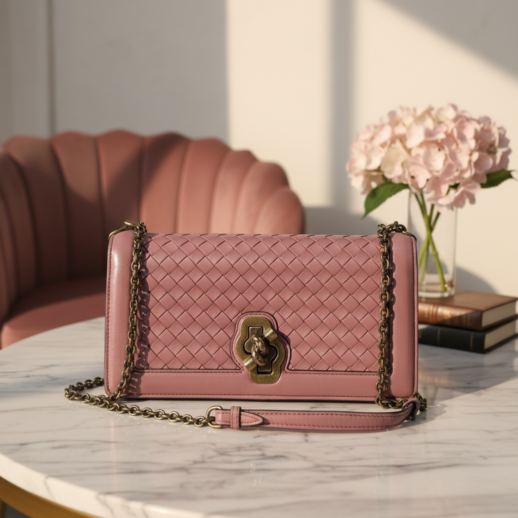 95新 BOTTEGA VENETA/葆蝶家   粉色编织单肩包  1704 8826 