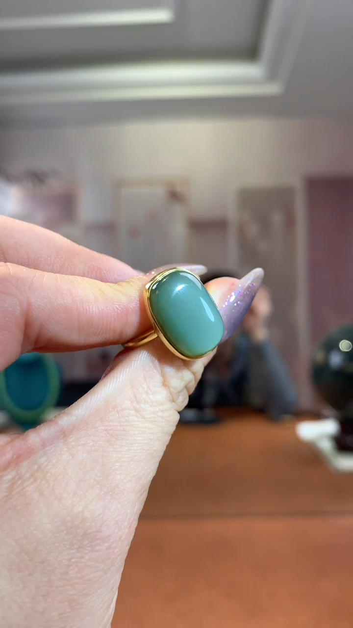 银S925镶嵌和田玉挂件瓷蓝猫方形戒指