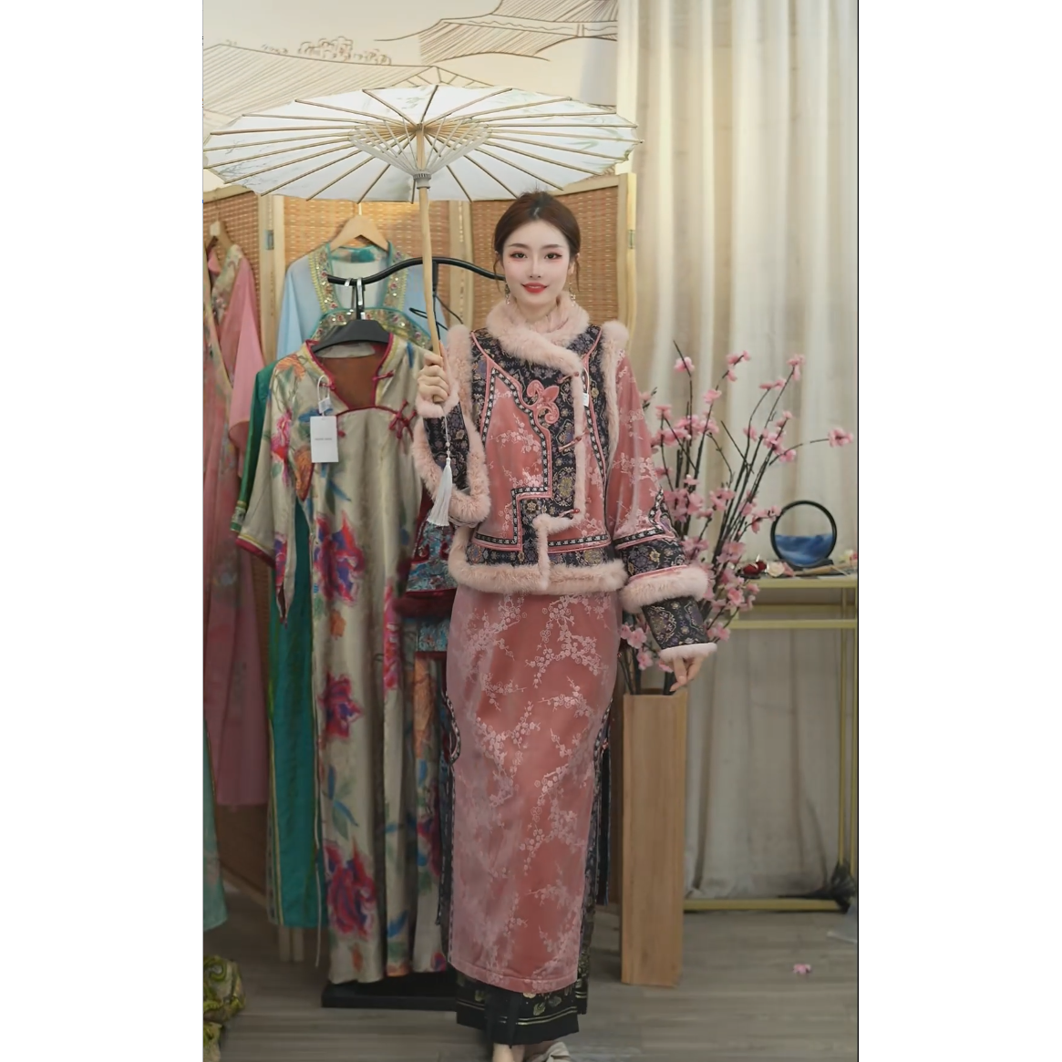 微岚熙2024冬季新款复古加绒显瘦保暖女装裙子（2444+2454）