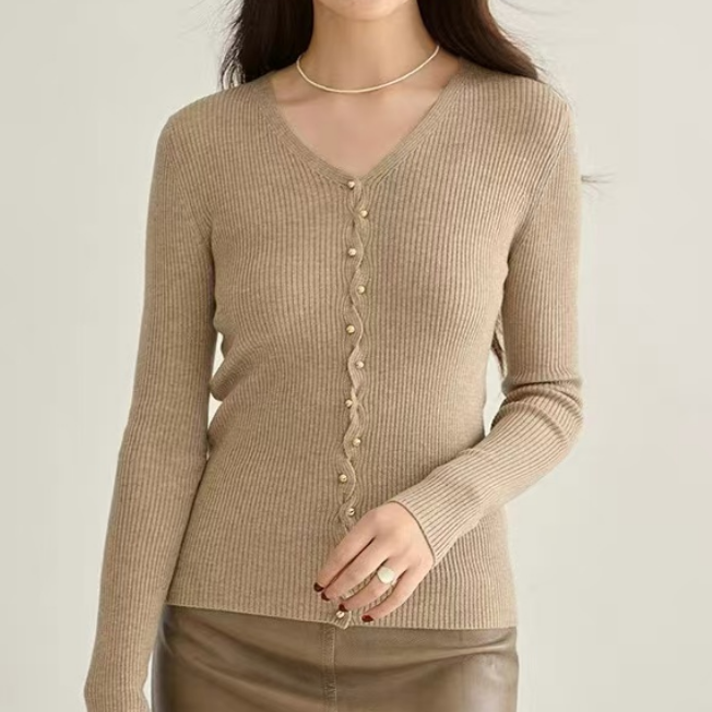 24年早秋新款时尚百搭V领套头针织衫ZZ001(24S037)驼色