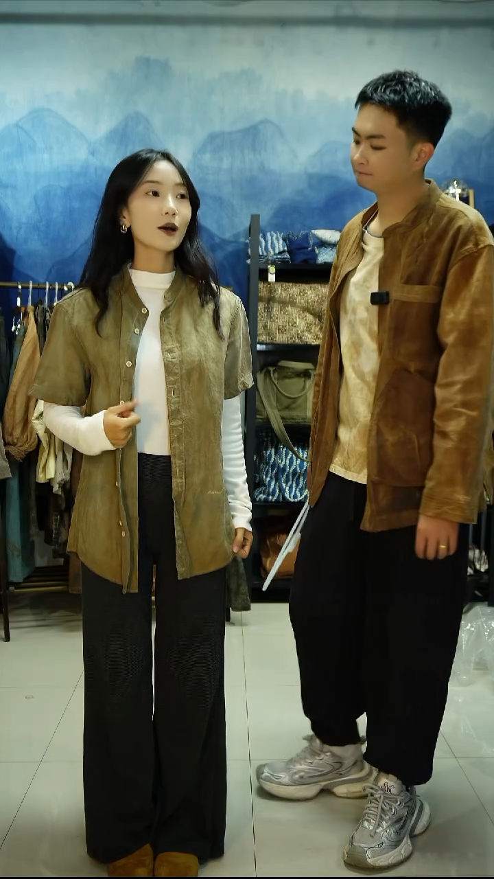 织绣手工柿染+蓝染麻料衬衫孤品