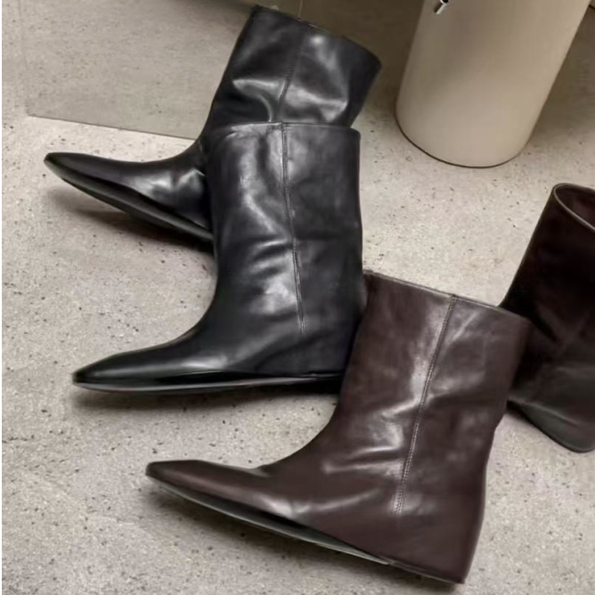 牛皮版~秋冬新款复古方头内增高宽筒套筒中筒靴时尚气质短靴女