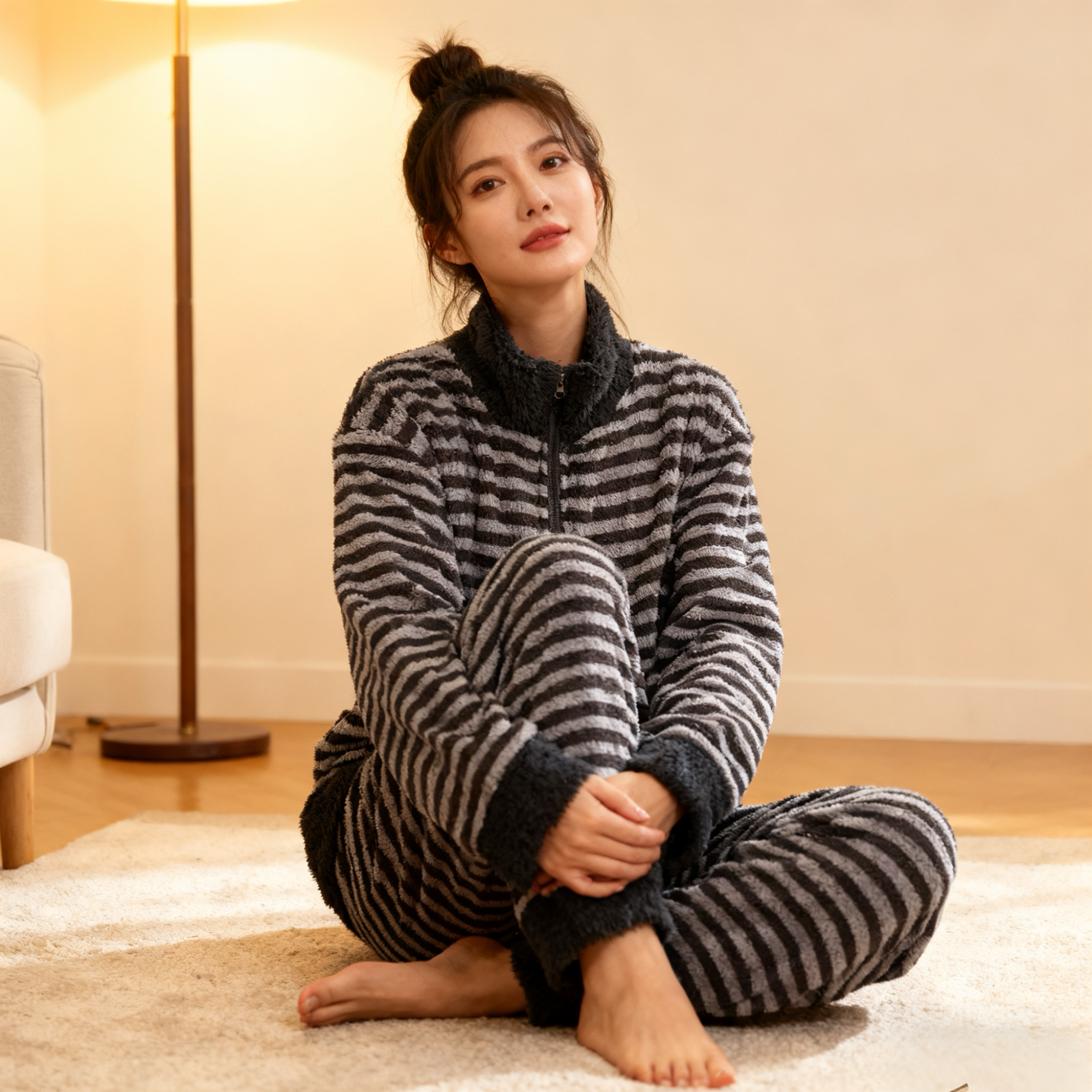 X1冬季新款韩版简约条纹立领双面绒睡衣女加绒加厚毛绒家居服