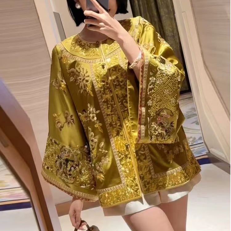 二新中式重工中国风刺绣外套ins女2024秋季国风宽松宋锦高定上衣