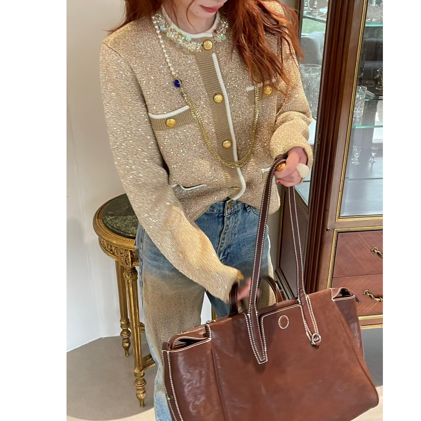 600-699女直筒款正肩袖冬季圆领短外套秋季复古小众时尚宽松开衫