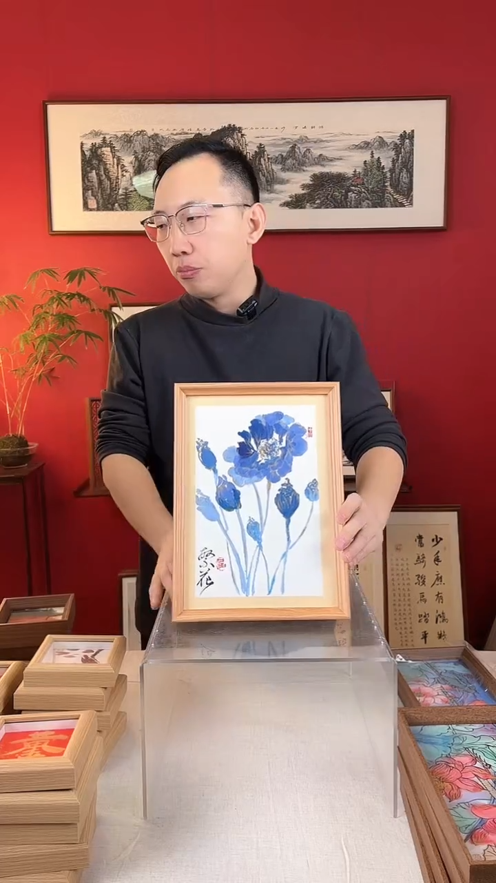 【闪购商品】国画繁花蓝荷国画摆台