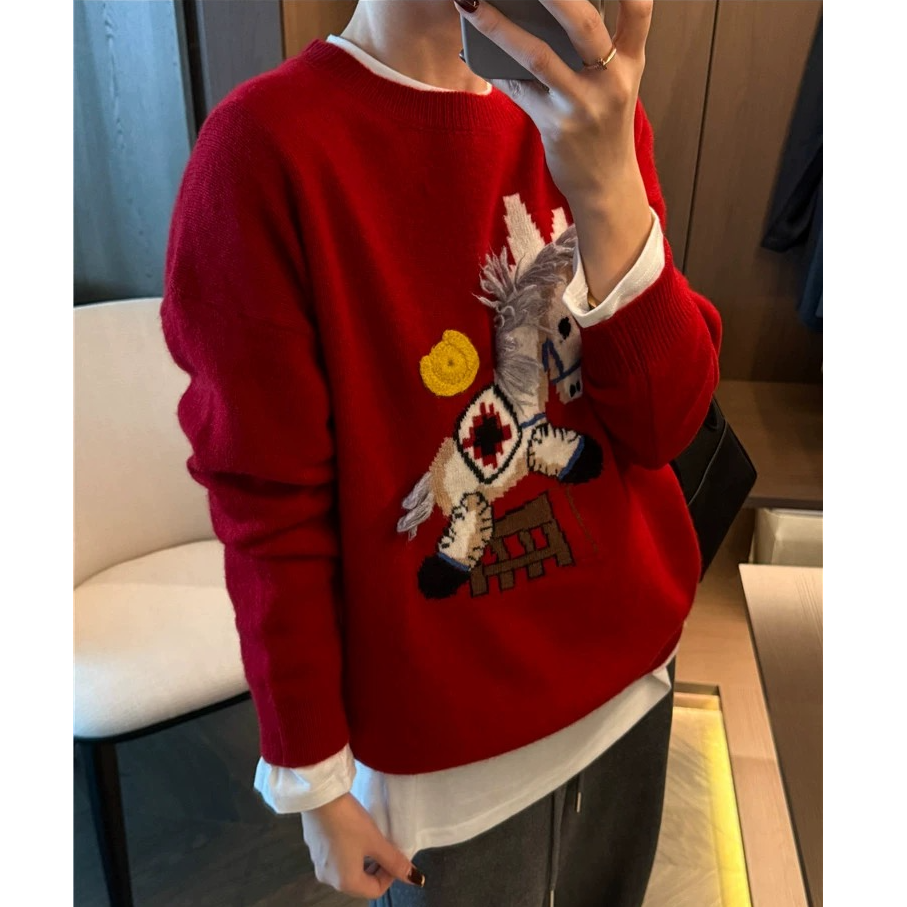 MEIZHENZI【来财】100绵羊毛|2026款秋冬宽松毛衣女刺绣针织衫