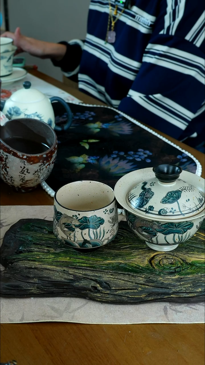 陶茶瓷物语海藻鱼复古盖碗杯子