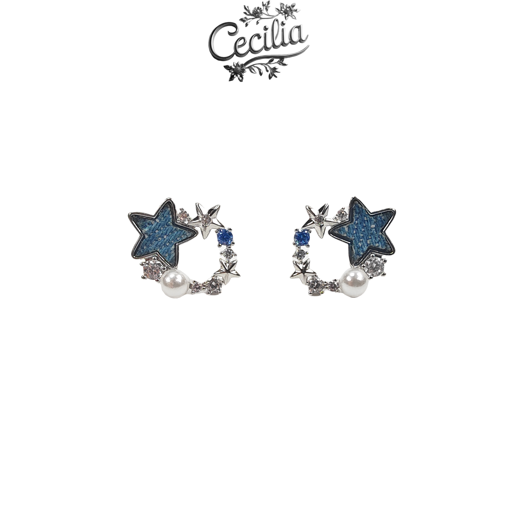 铜合金耳饰 Cecilia 梦幻蓝星珍珠镶嵌时尚耳钉