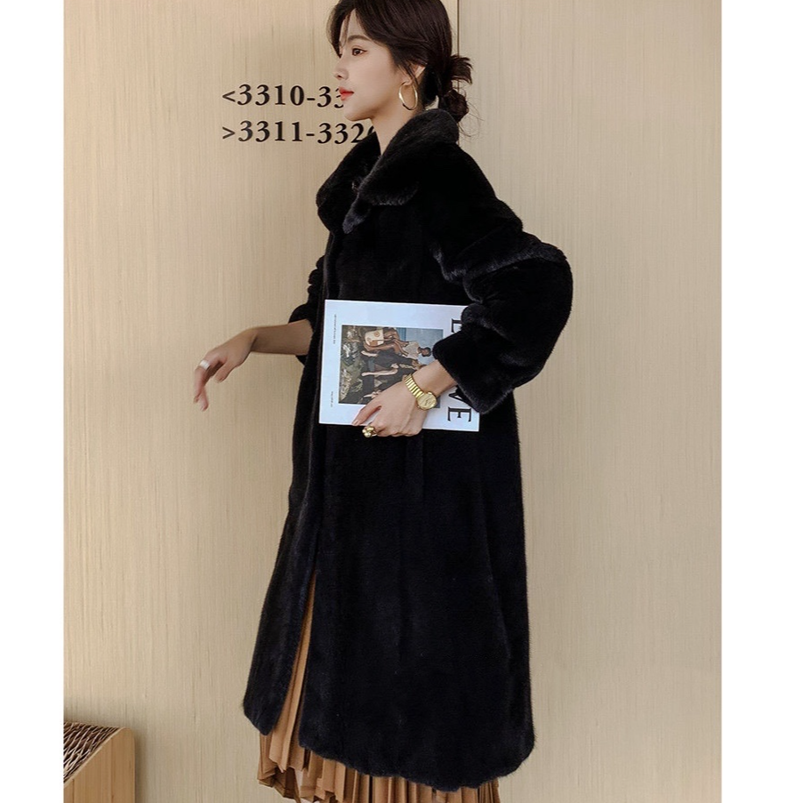 进口天鹅绒水貂外套女翻领皮草长款大衣宽松显瘦年轻版