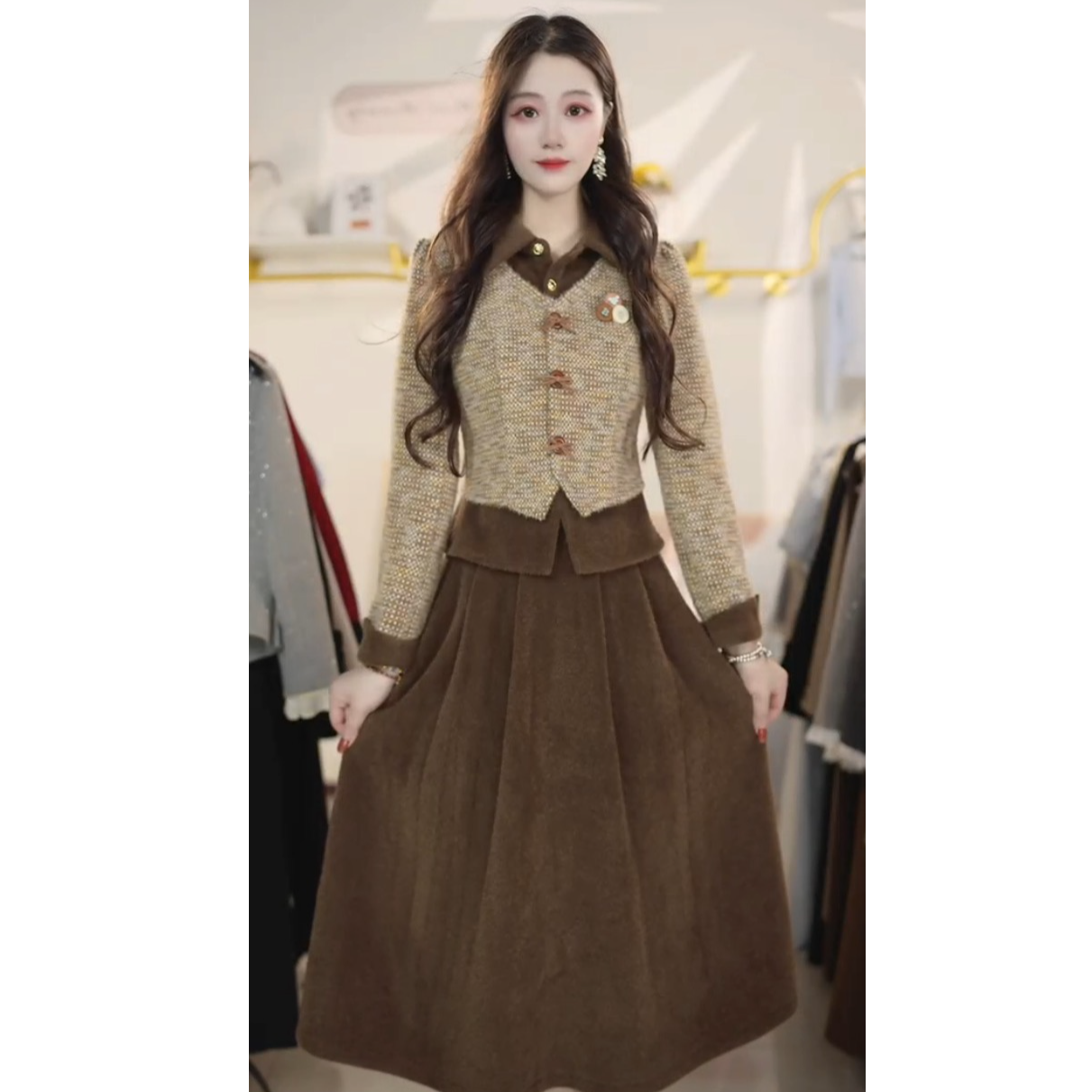 2025秋冬季新款洋气翻领气质显瘦修身两件套裙外套+裙子Y8710164