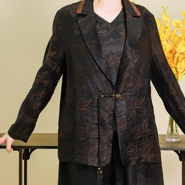 【铿锵玫瑰】长袖时尚中国风重缎提花西装高端桑蚕丝上衣