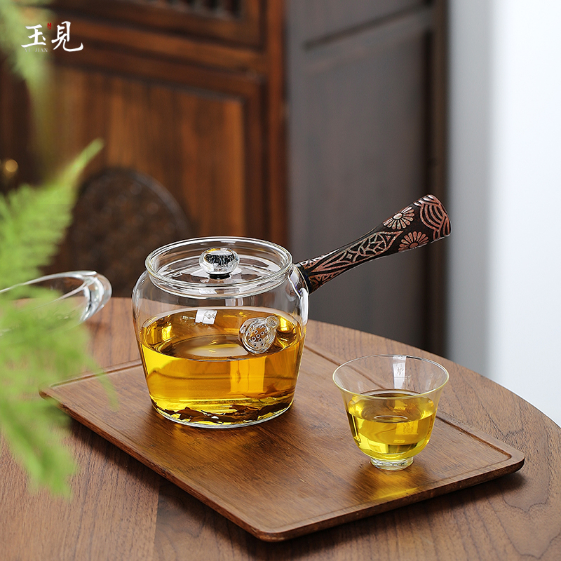 玉见墨岚侧把壶-独特雕刻把手、大容量