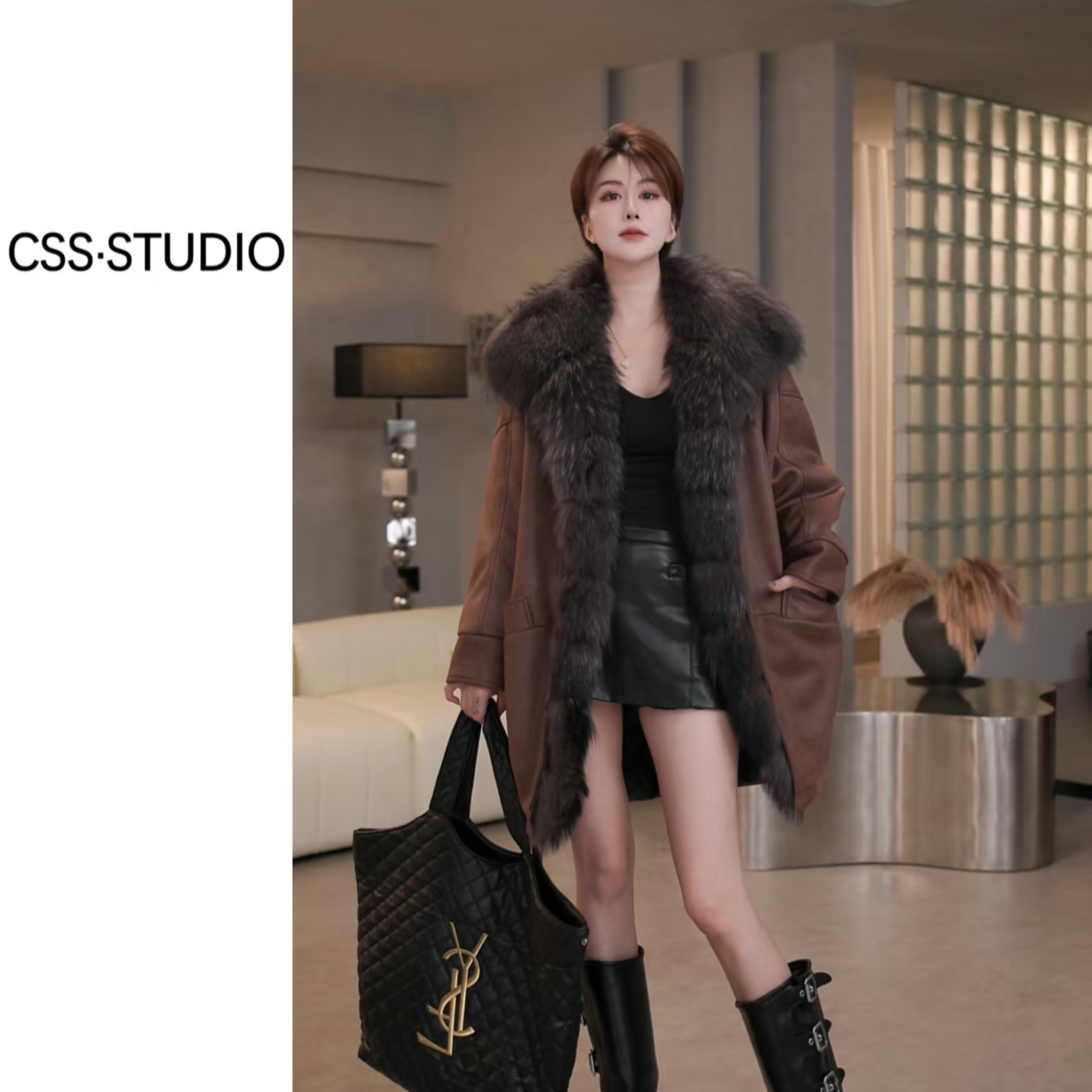 【ou.y思思】貉子毛领休闲皮毛一体长款鹅绒皮草外套2025新款保暖