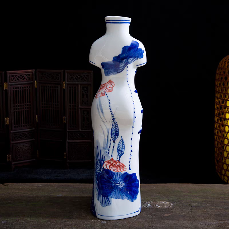 景德镇陶瓷器旗袍中国风创意客厅家居青花艺术装饰工艺品摆件花瓶