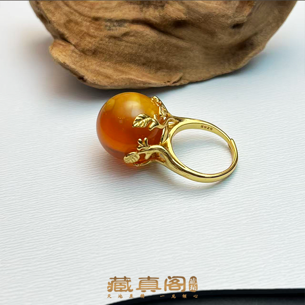 【藏真阁】A2643天然珠宝琥珀蜜蜡大圆珠银镶戒指