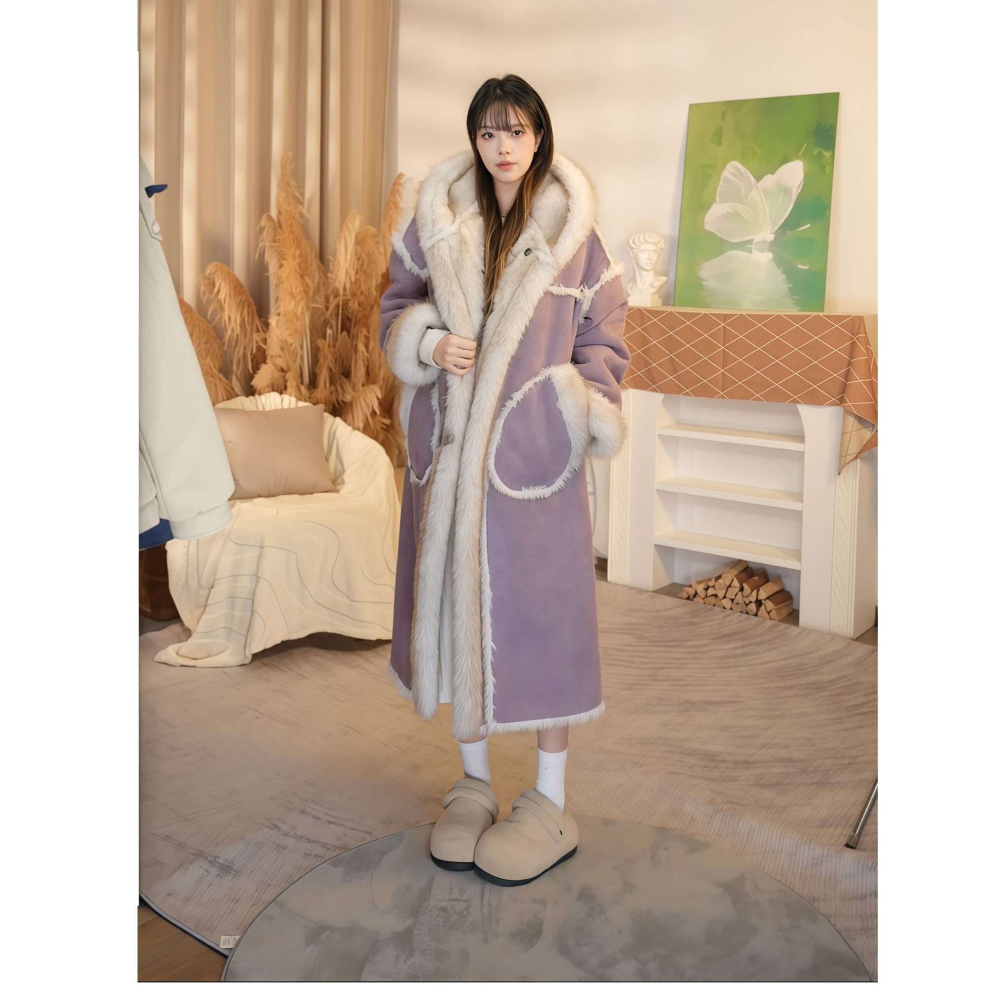 人造皮草 【拉夏贝尔】冬季直下摆毛毛外套连帽女长外套家居服宽松