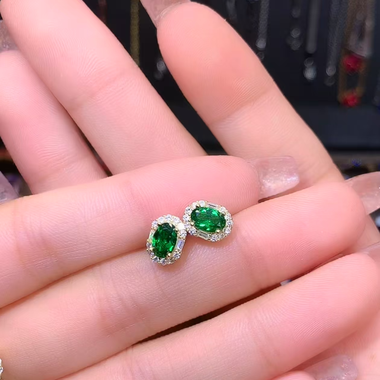 透辉石S925银镶金色耳坠