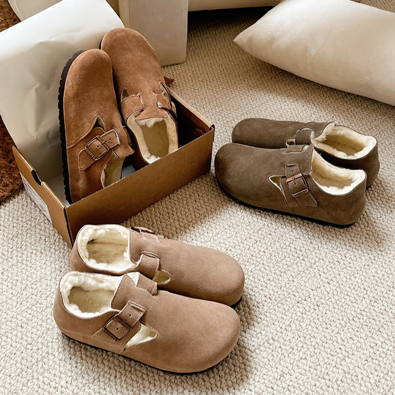 羊皮毛一体全包勃肯女鞋加绒真皮软木一脚蹬秋冬毛毛包头拖鞋