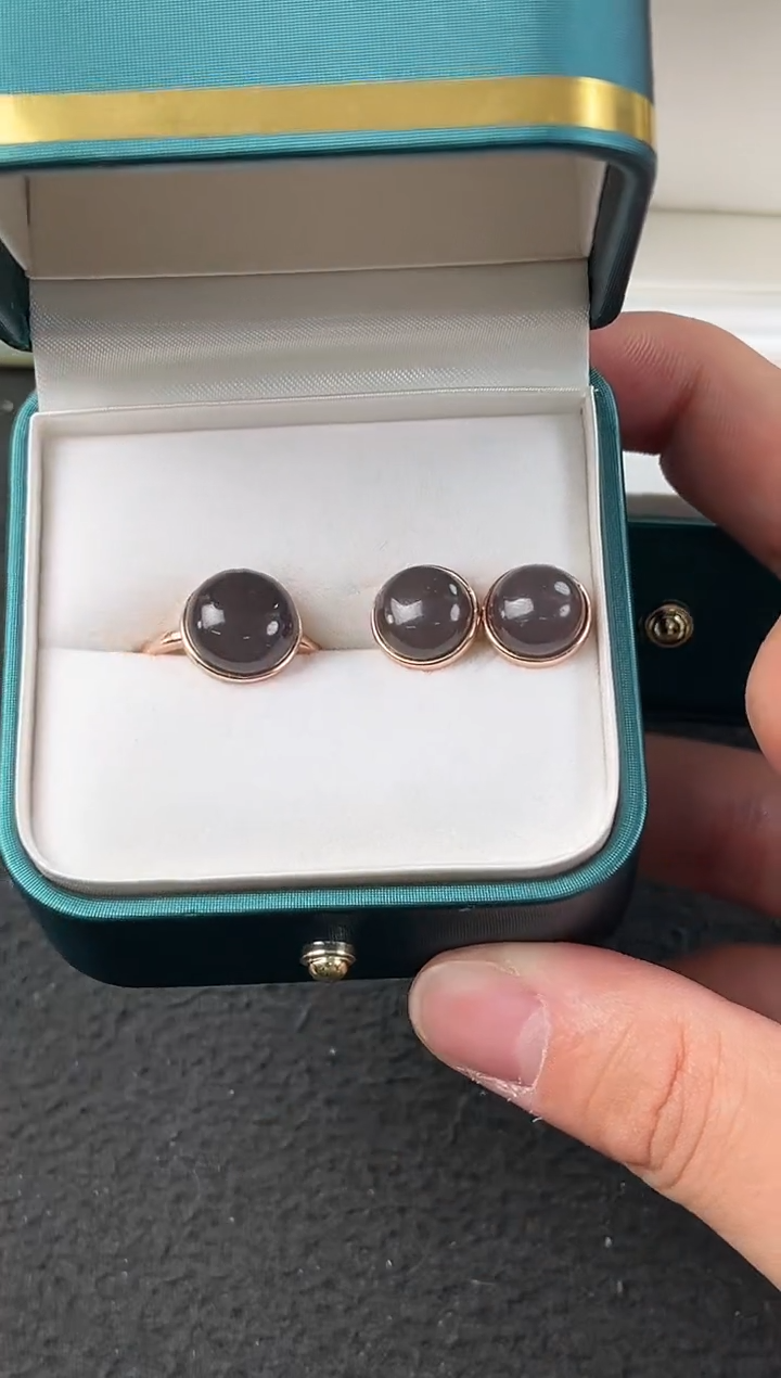 【闪购商品】和田玉饰品未镶嵌青海烟紫耳钉+戒指微色差