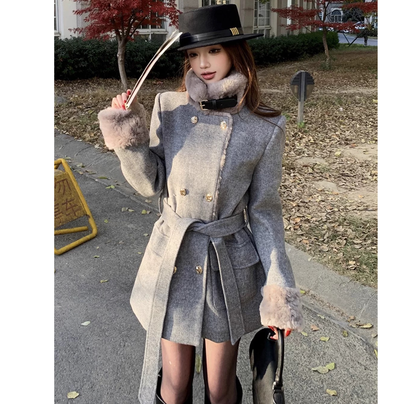 【25202】高级感收腰夹棉毛呢外套女冬季富家千金风圣诞穿搭大衣