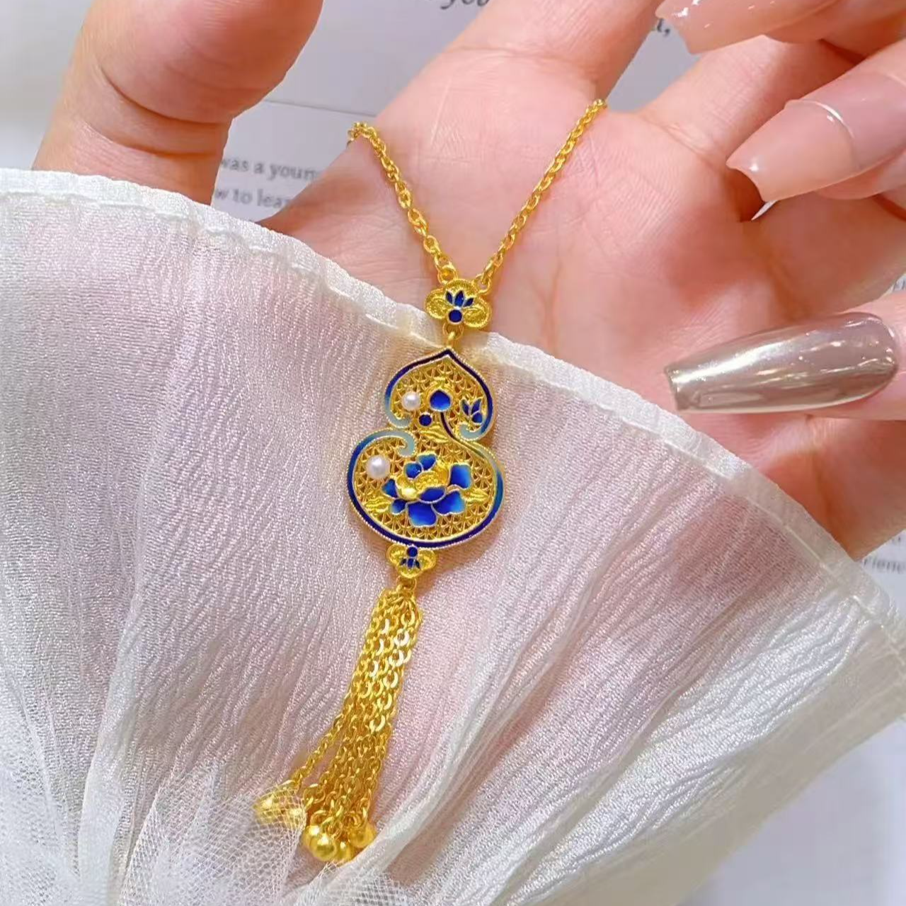 足金999古法葫芦青花瓷国风福禄设计珐琅套链