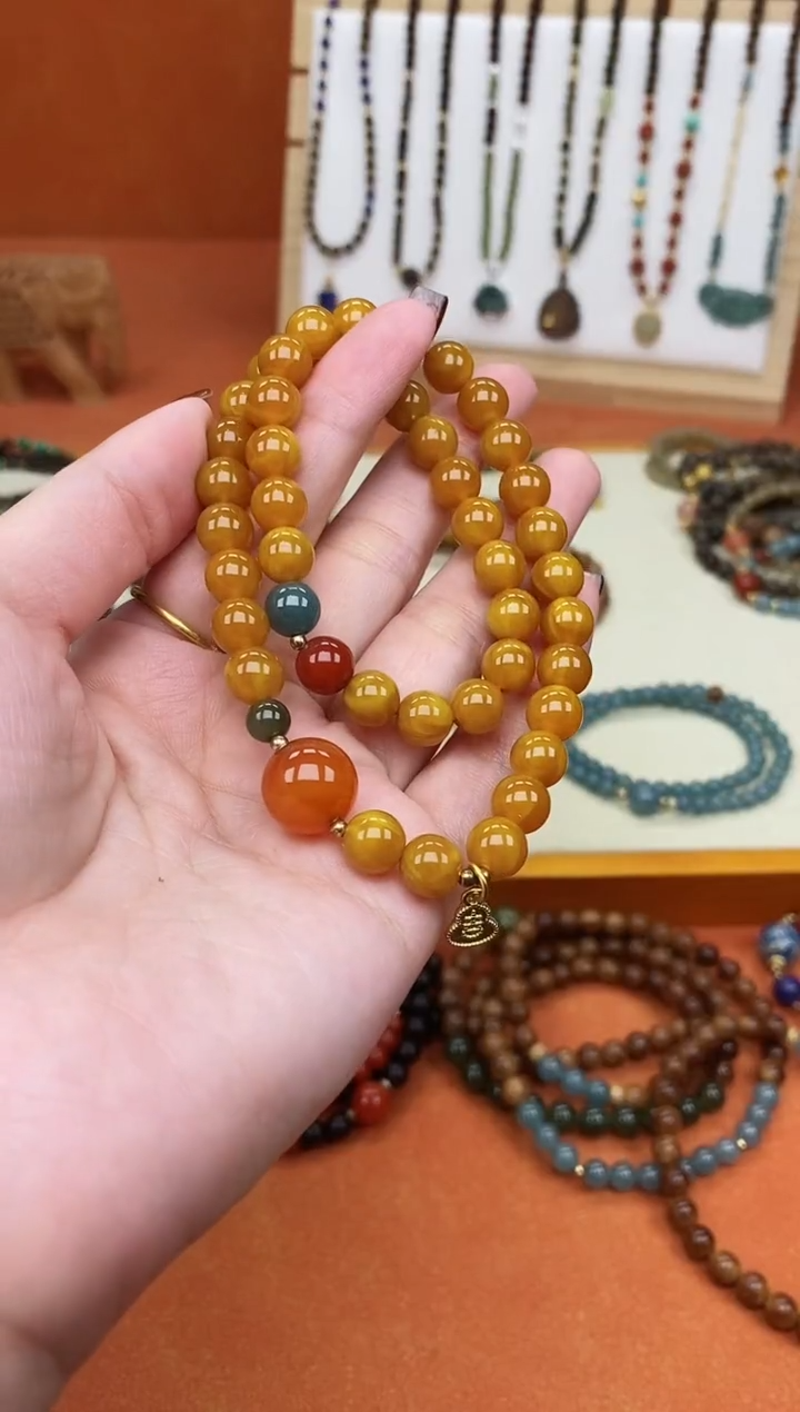 手链蜜蜡未镶嵌双圈蜜蜡和田南红蓝水手串