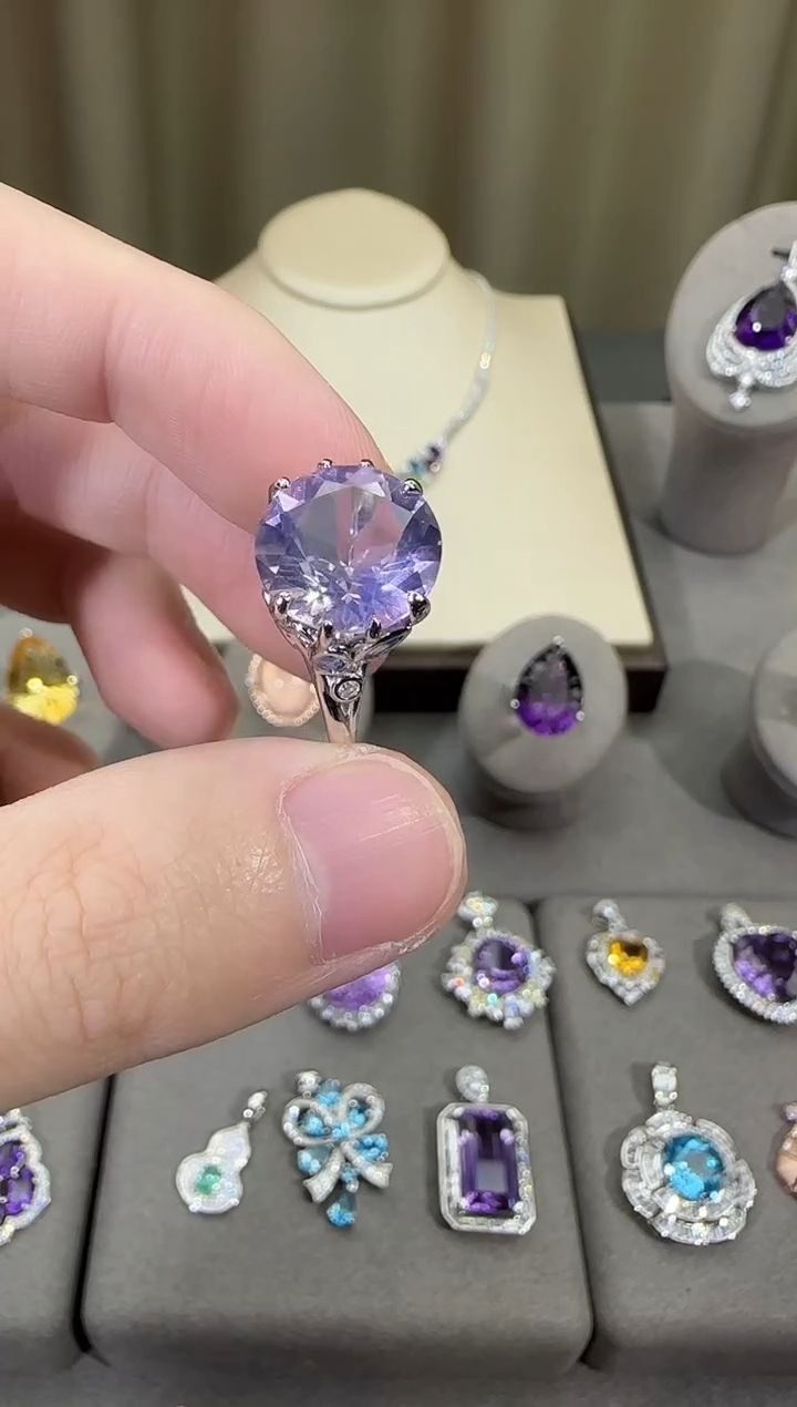 银S925镶嵌戒指水晶12mm薰衣草戒指