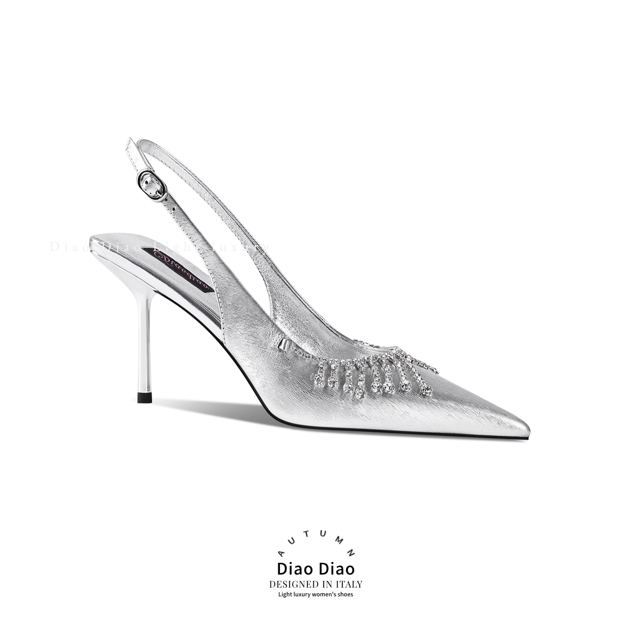  【DIAODIAO】2024年新款钻带百搭银色细跟女士轻奢性感浅口高跟