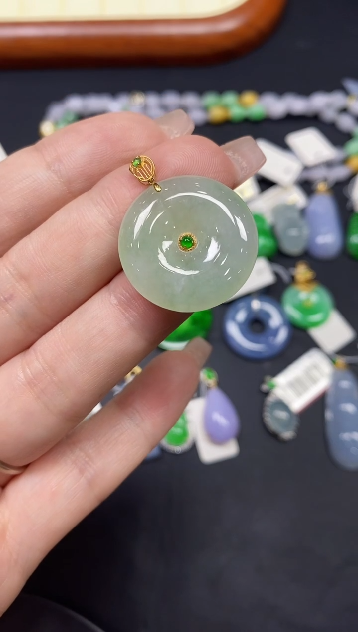 吊坠(不含链)18K金镶嵌翡翠平安扣18K金扣镶嵌@@CMT1046-2