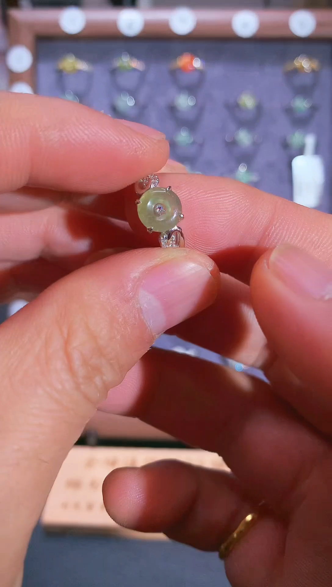 银S925镶嵌戒指翡翠S925银镶翡翠平安扣女饰品