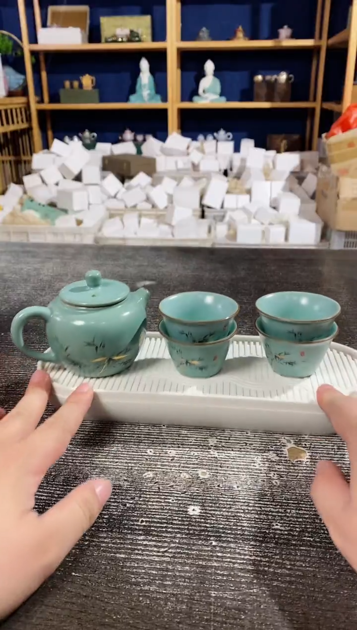 【闪购商品】其他天青汝窑富竹手执壶+4杯+茶盘