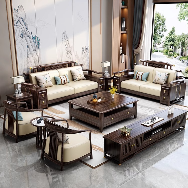 5018新中式乌金木全实木沙发大小户型冬夏两用储物别墅客厅木家具
