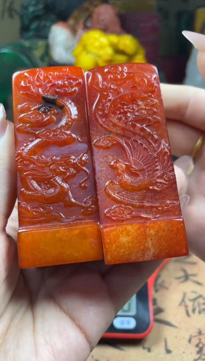 寿山石印石红田料龙凤对章 财运亨通 吉祥如意