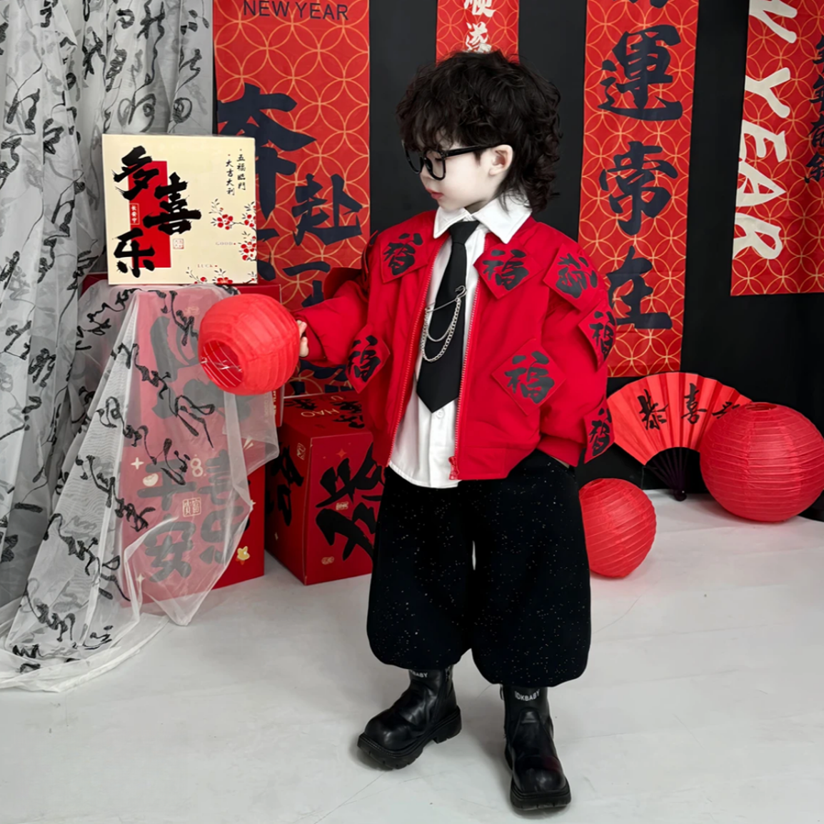 男童过年喜庆年服套装儿童时尚新款加绒加厚拜年服男宝宝两件套