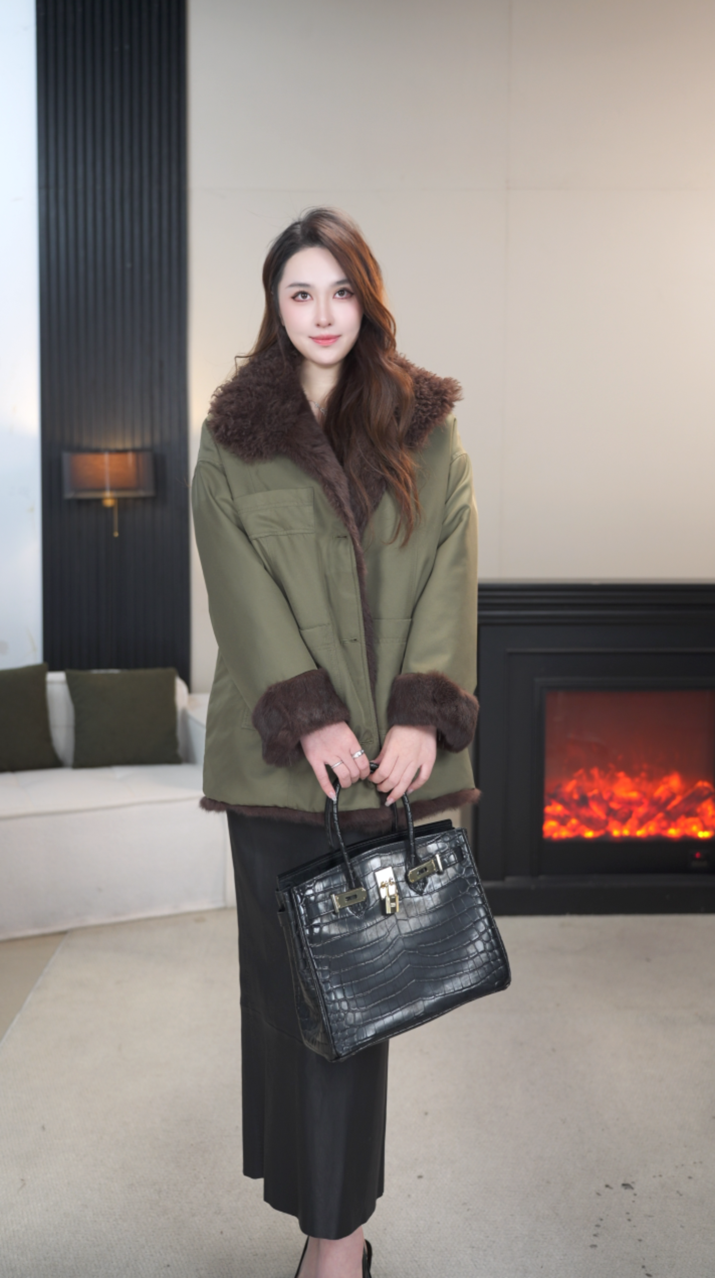 【小颖专属】派克服女翻毛领一衣2穿毛毛外套大衣时尚百搭PKF-2058