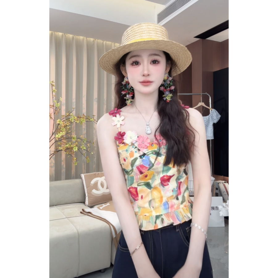 恩●花野迷踪油画重工钉钻花朵上衣吊带预X5DD2011