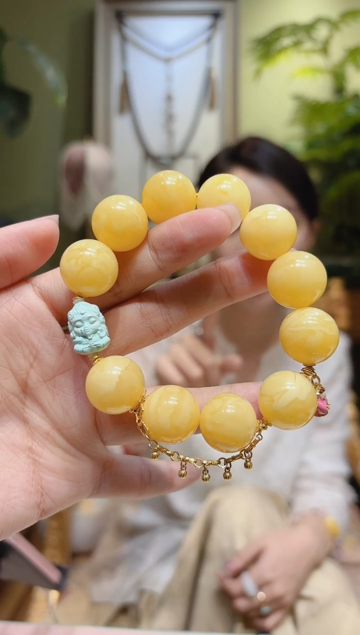 【闪购商品】蜜蜡裸石18K金镶嵌绿松象蜜蜡手串