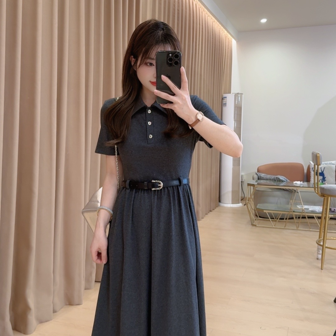 奈奈妮【美式街头】高级炸街连衣裙灰色短袖高腰时尚干练8852