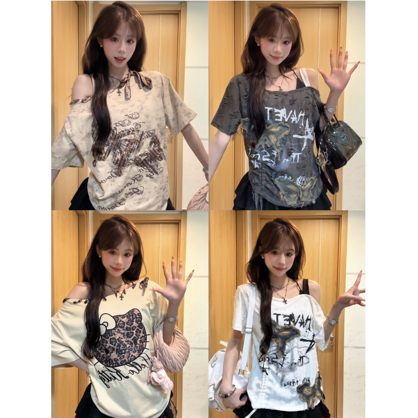 【1-6+运补047-105】夏季正肩宽松短袖T恤美式斜肩甜辣情侣短袖