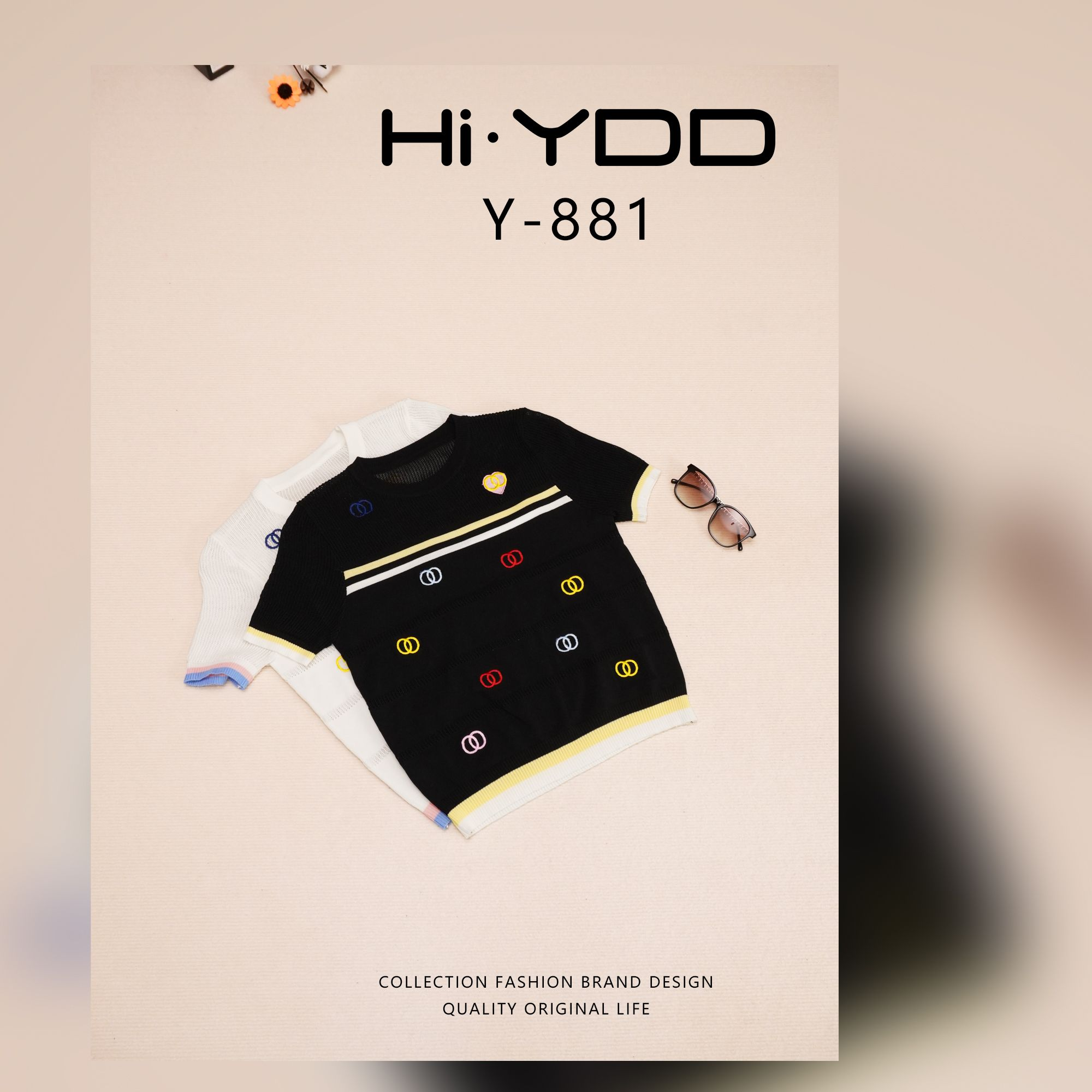 YDD•「Y-881」新款夏季微透曲珠冰丝修身刺绣短袖上衣S-1280