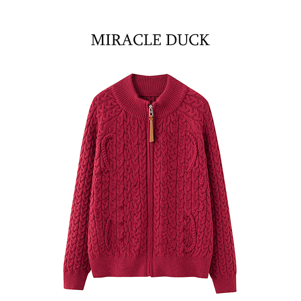 6号【复古老钱风】春秋冬时尚复古红立体麻花编织立领针织开衫C1920