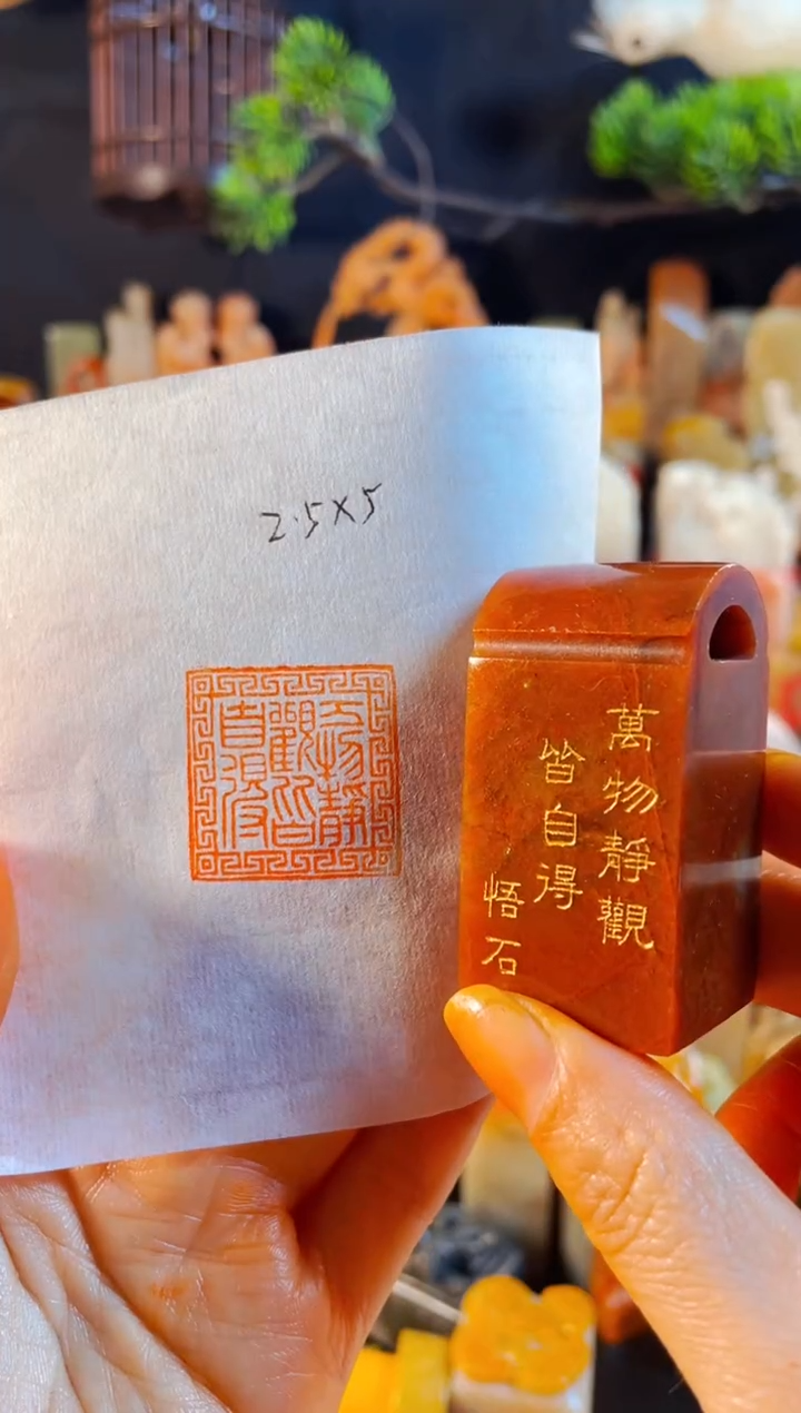 浙江红石印石手工篆刻《万物静观皆自得》